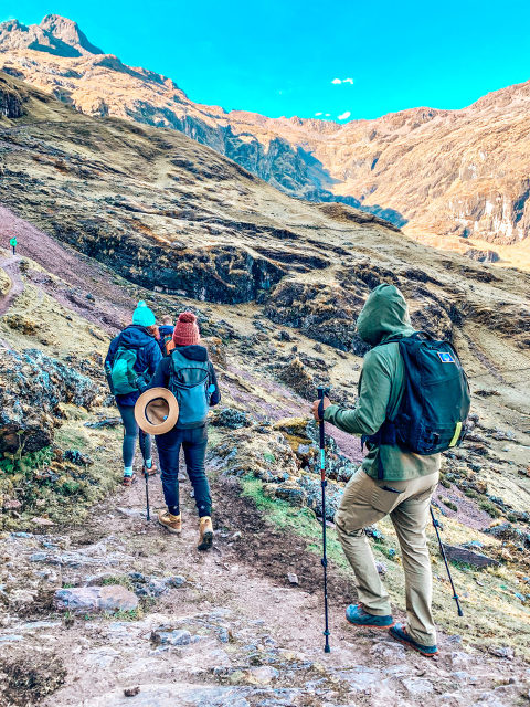 hiking up a mountain in Peru