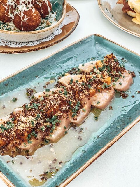 Yellowtail topped with crispy quinoa