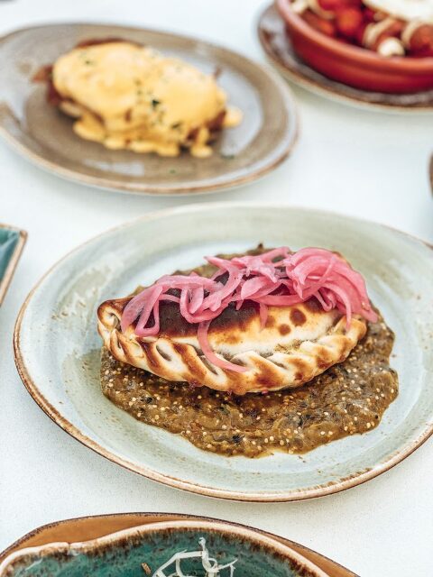 Crispy Duck Empanada on a bed of verde salsa, and topped with pink pickled onions